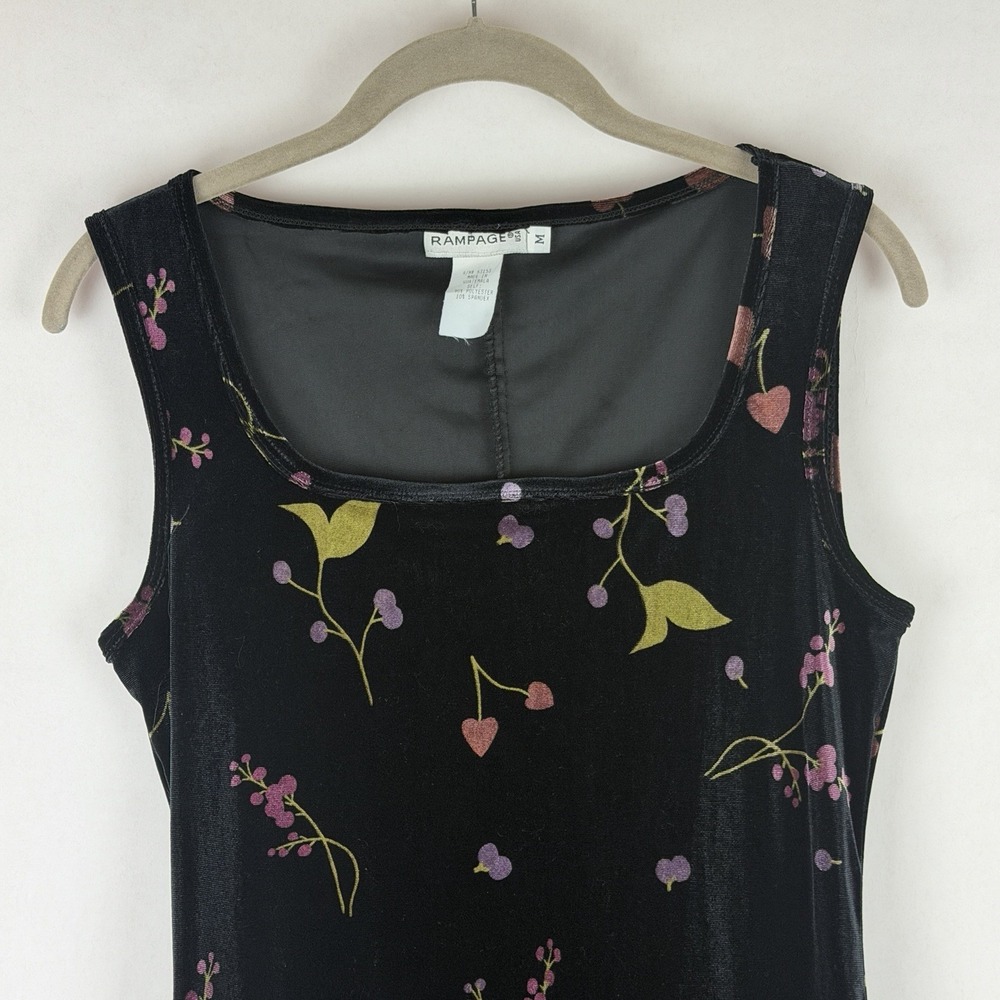 Vtg Rampage Y2K 90s Mini Dress Medium Dark Floral Fairy Black Velvet Whimsigoth - Picture 2 of 7